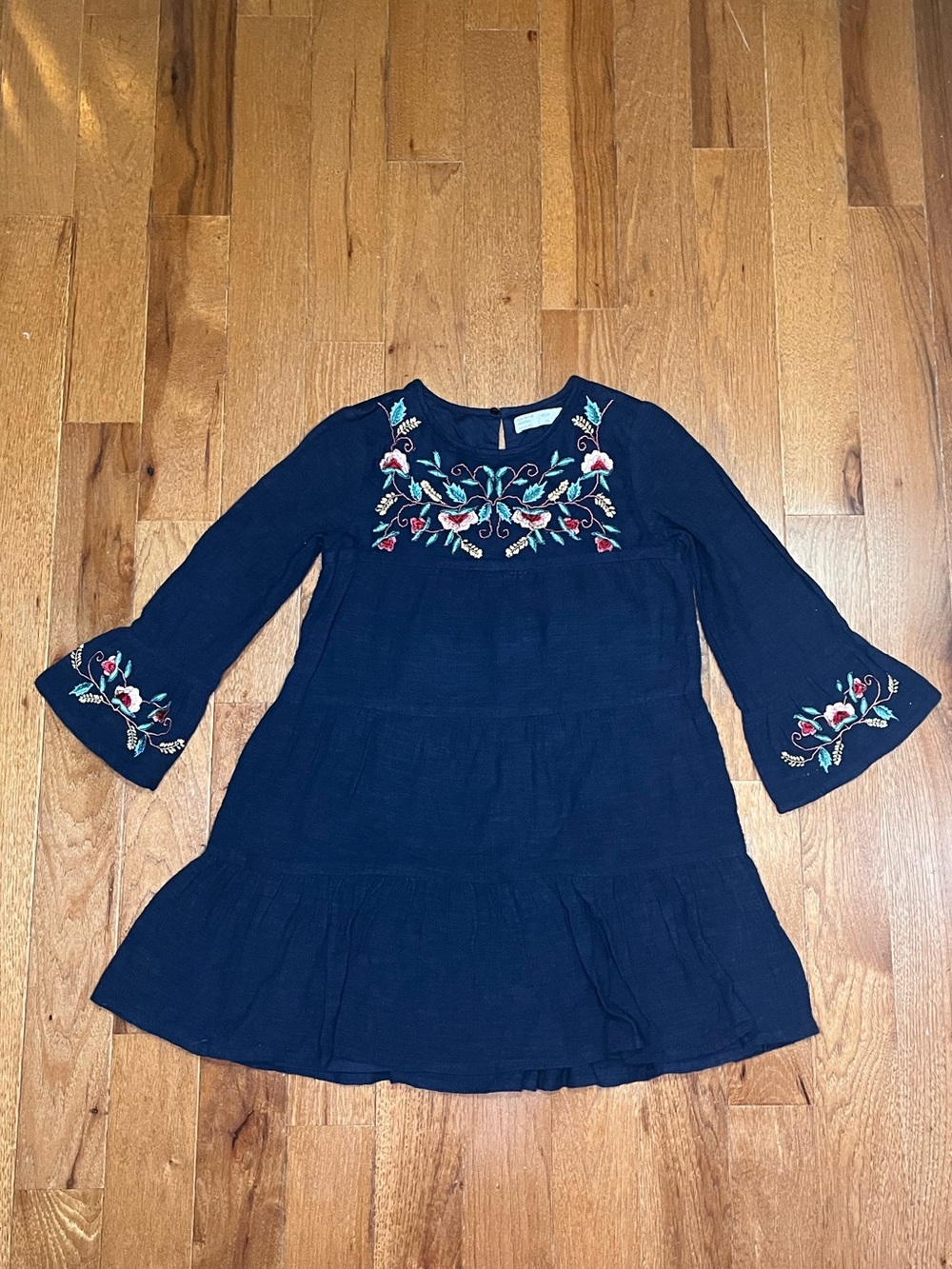 Zara Kids Navy Floral Embroidered Tiered Dress Boho Bell Sleeves Size 9
